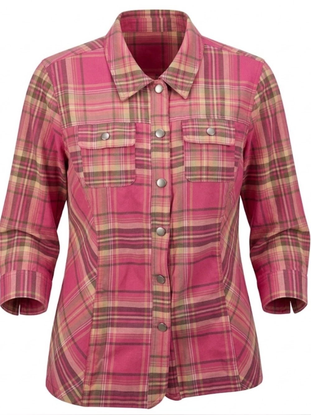 CJ Banks Women’s Plaid Button Front Shirt Jacket 1X Pink Stretch Long Sleeve Poc